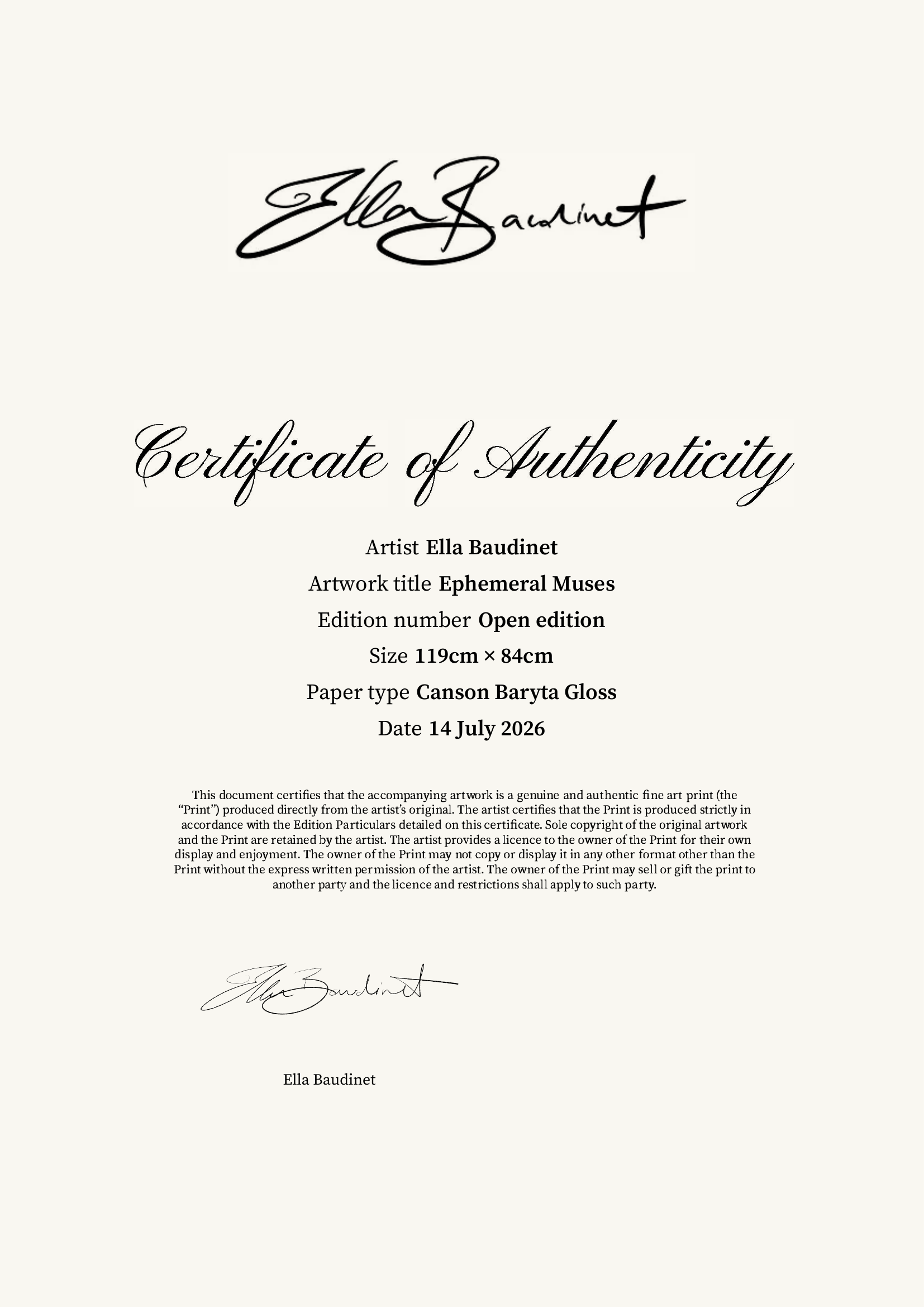 Ephemeral Muses — Certificate of Authenticity