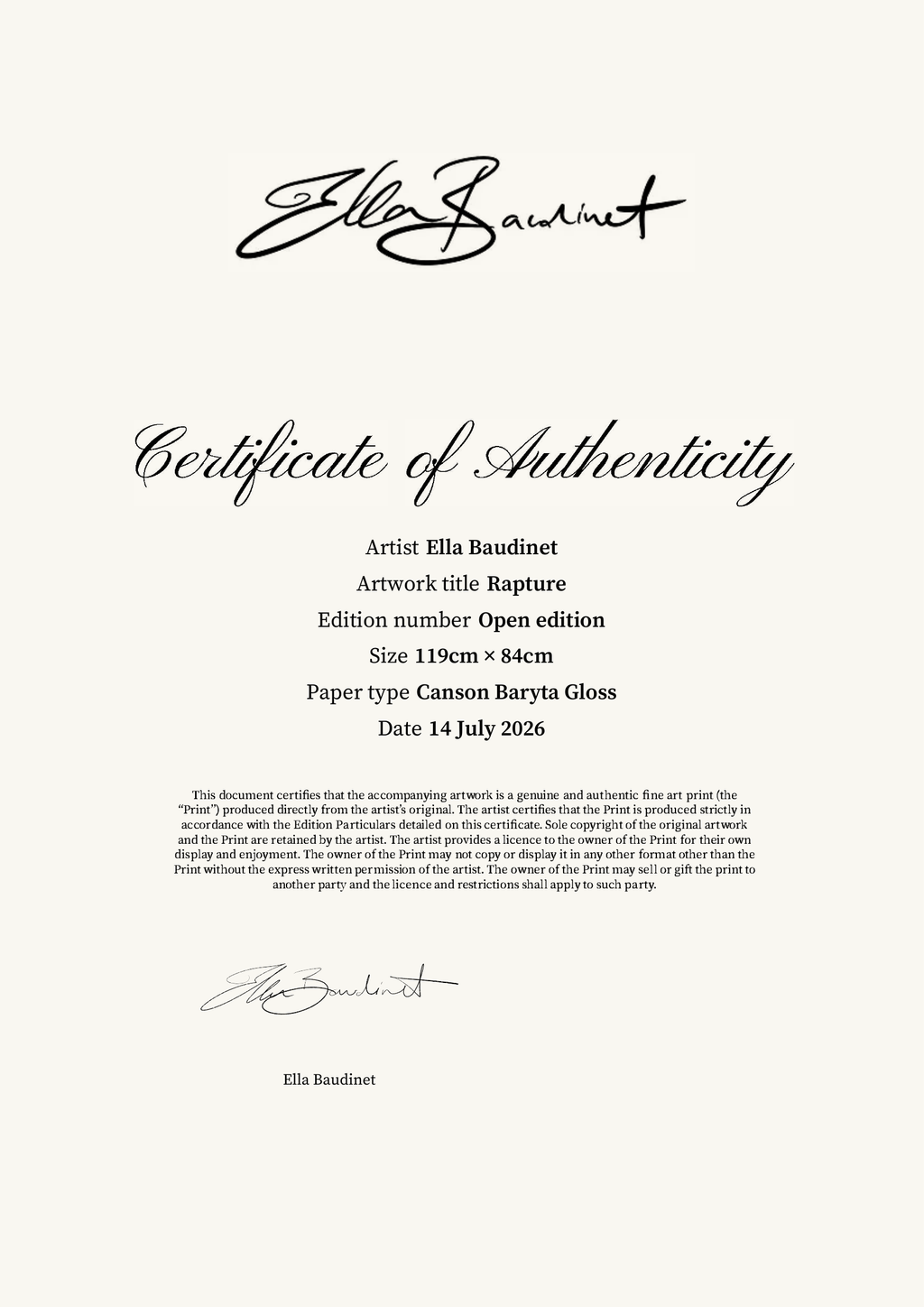 Rapture — Certificate of Authenticity