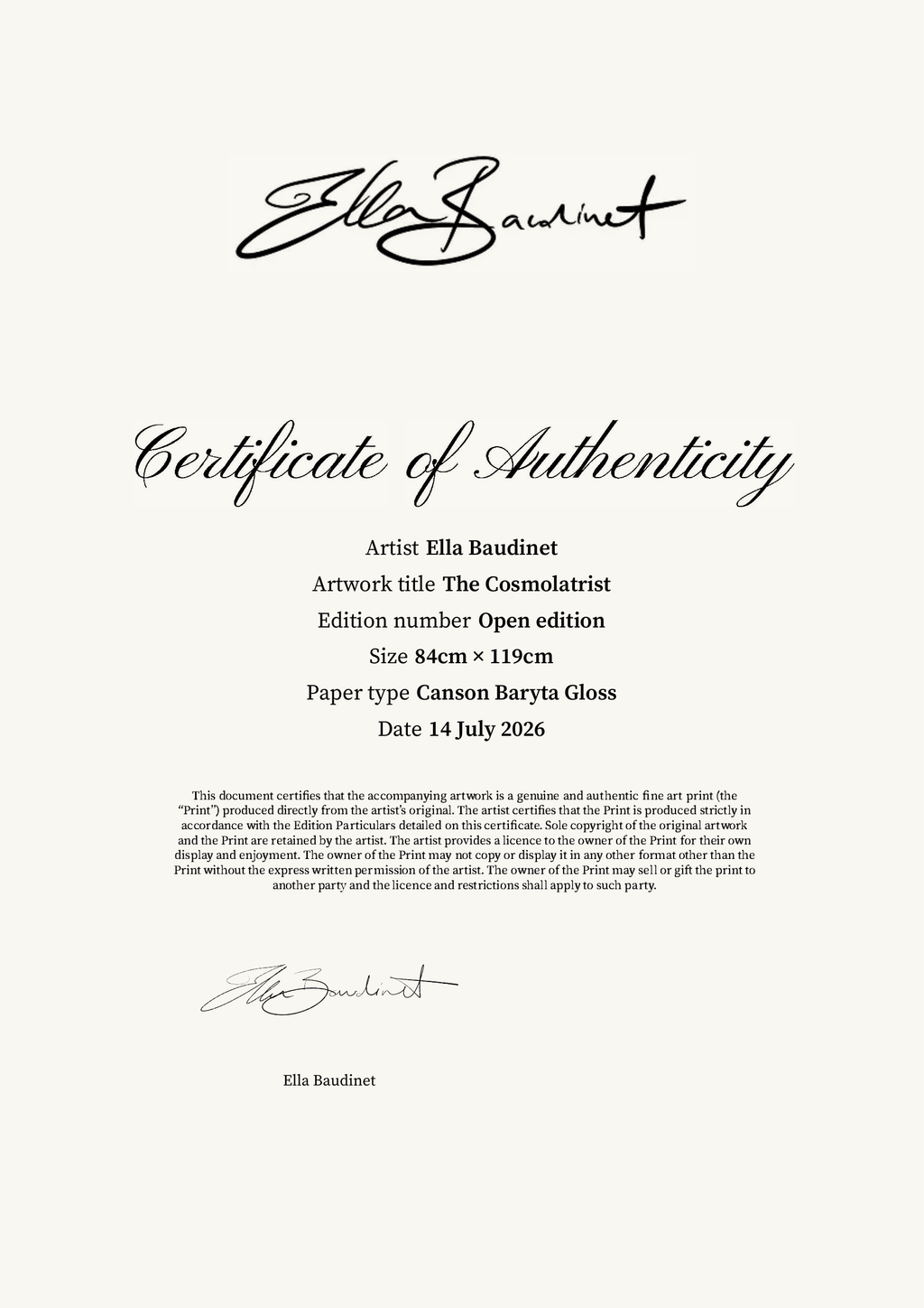 The Cosmolatrist — Certificate of Authenticity