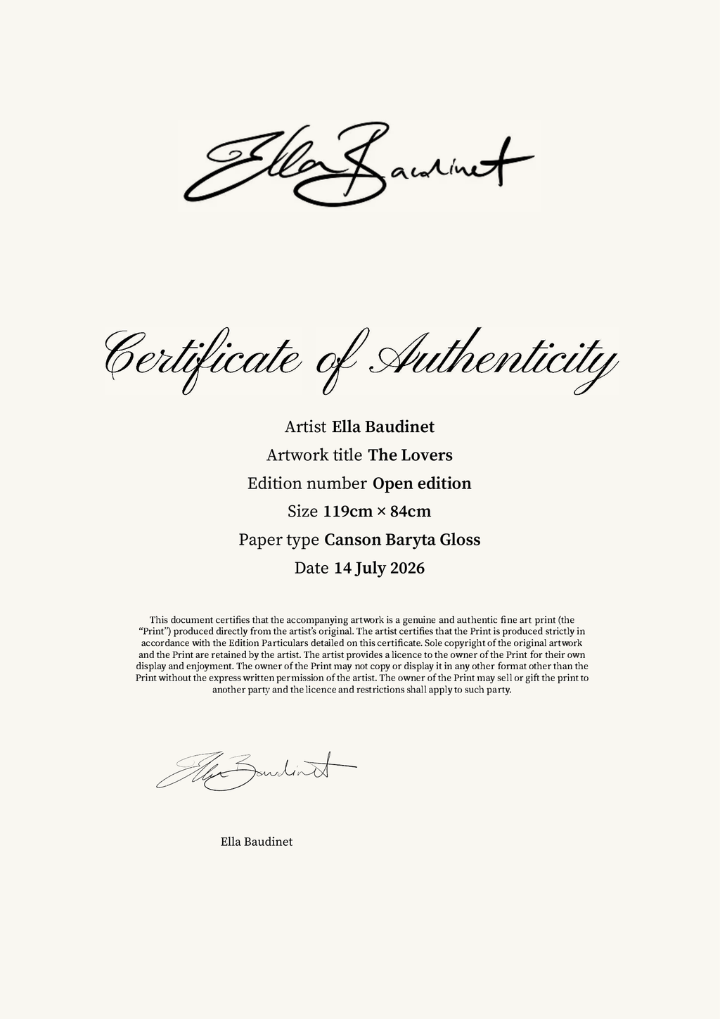 The Lovers — Certificate of Authenticity