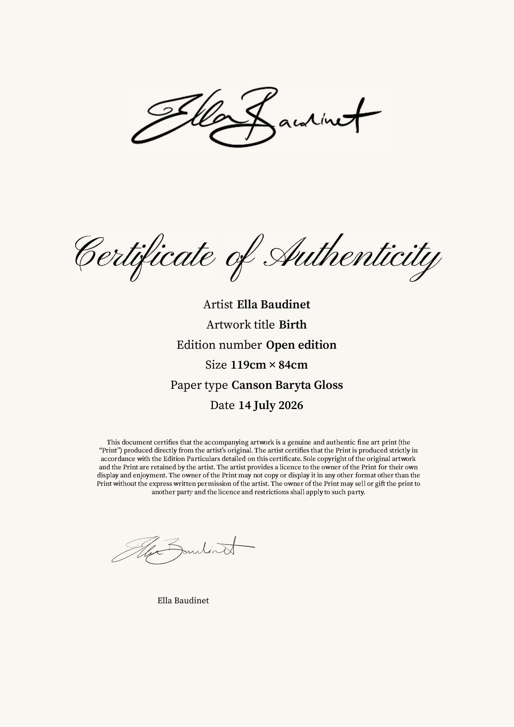 Birth — Certificate of Authenticity