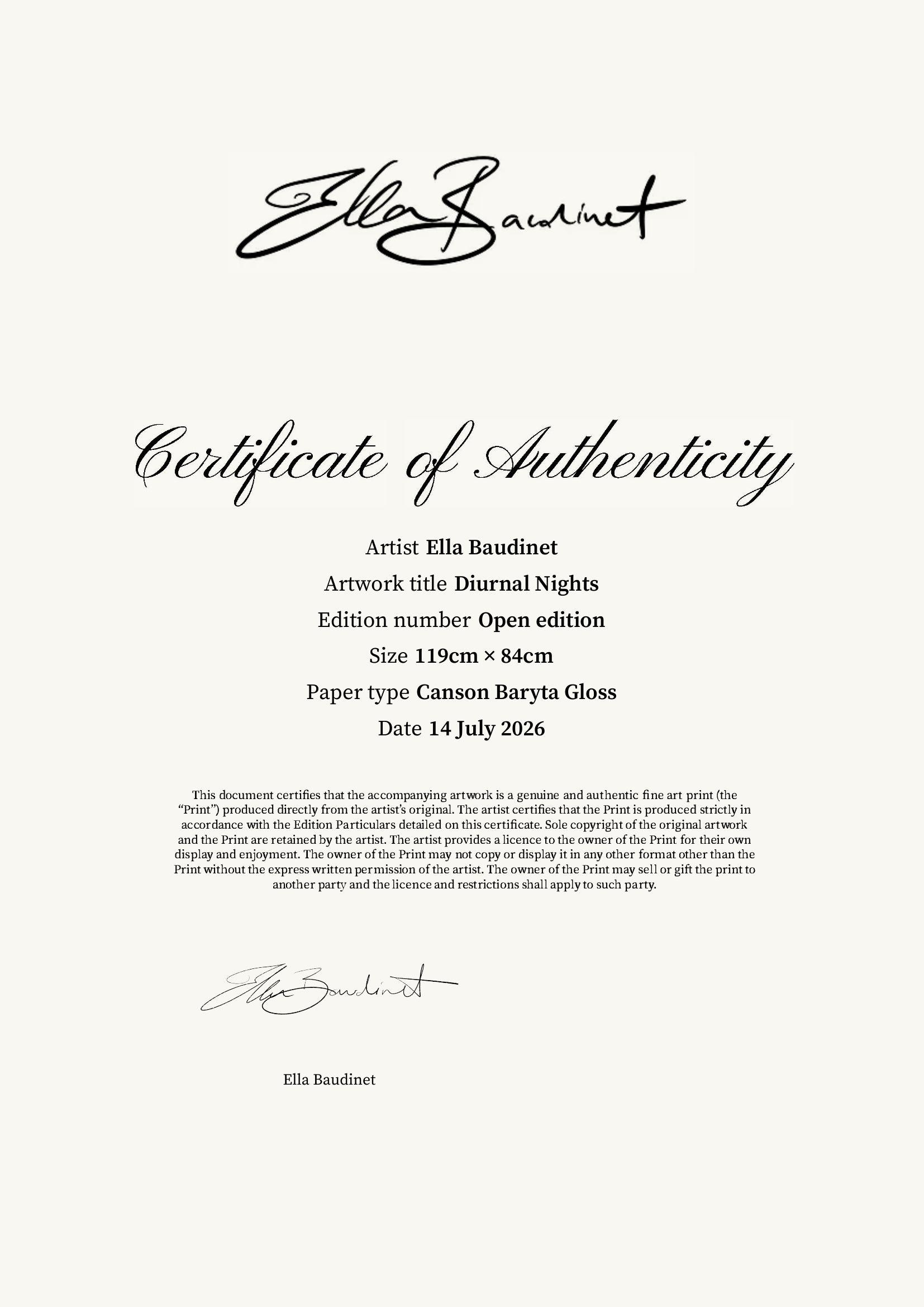 Diurnal Nights — Certificate of Authenticity