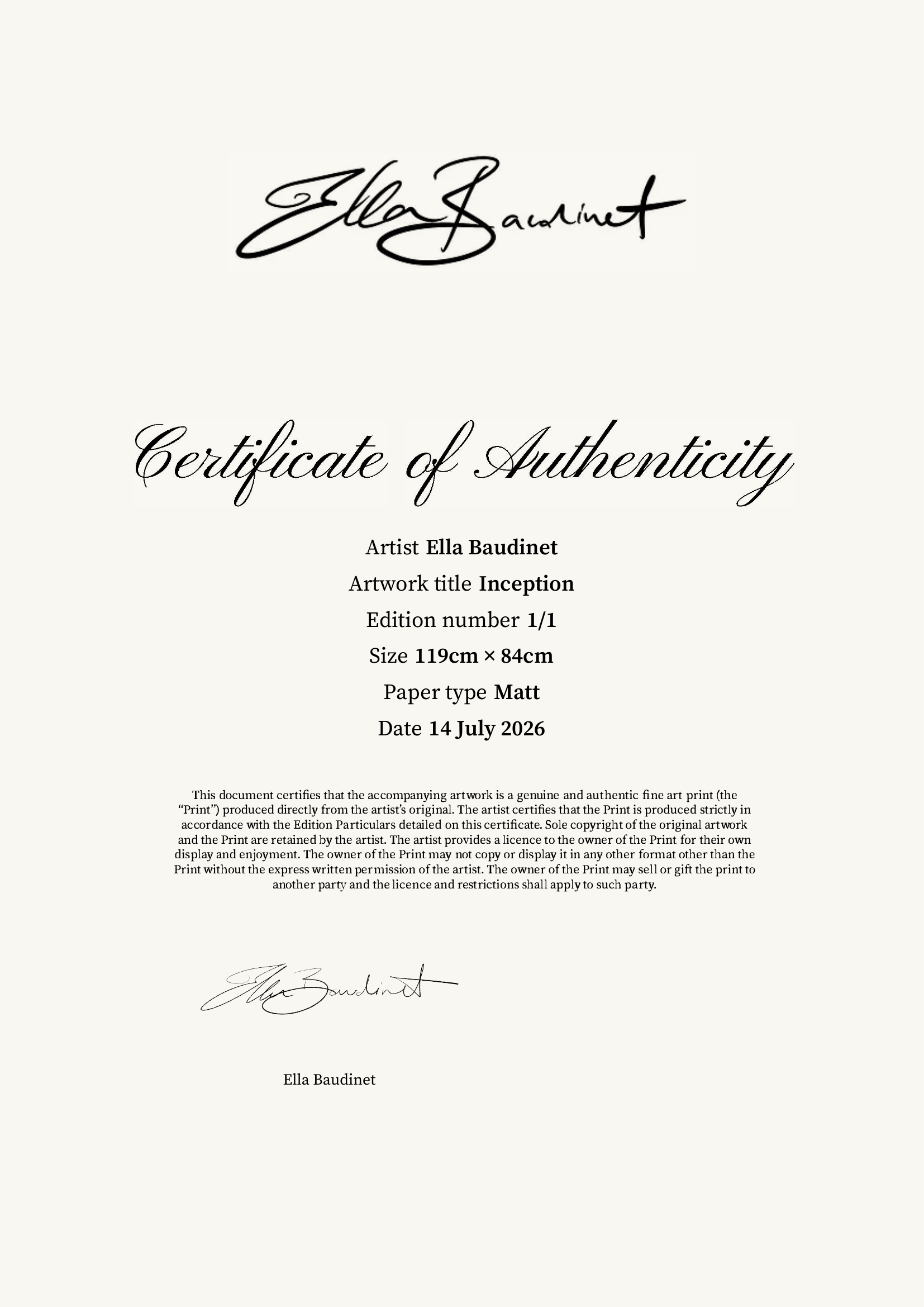 Inception — Certificate of Authenticity