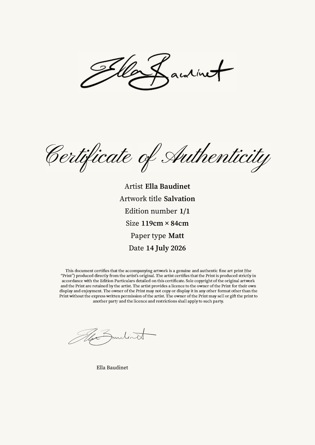 Salvation — Certificate of Authenticity